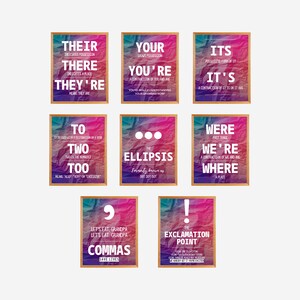 May include: Nine colorful posters with a crumpled paper texture, each featuring a different punctuation mark or grammatical term. The posters include "Their", "There", "They're", "Your", "You're", "Its", "It's", "To", "Two", "Too", "The Ellipsis", "Were", "We're", "Where", "Let's Eat, Grandpa", "Commas", "The Exclamation Point".