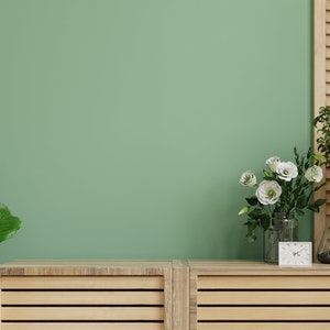 May include: A wooden cabinet with two doors and slatted panels. The cabinet is sitting on a light green wall with a vase of white flowers and a clock on top.