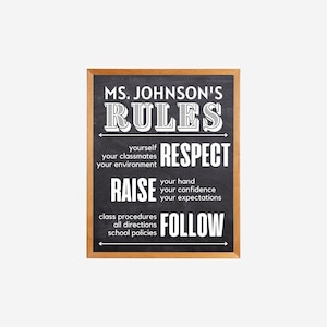 May include: Black chalkboard with a wooden frame, featuring classroom rules for Ms. Johnson's class. The rules are: Respect yourself, your classmates, and your environment. Raise your hand, your confidence, and your expectations. Follow class procedures, all directions, and school policies.