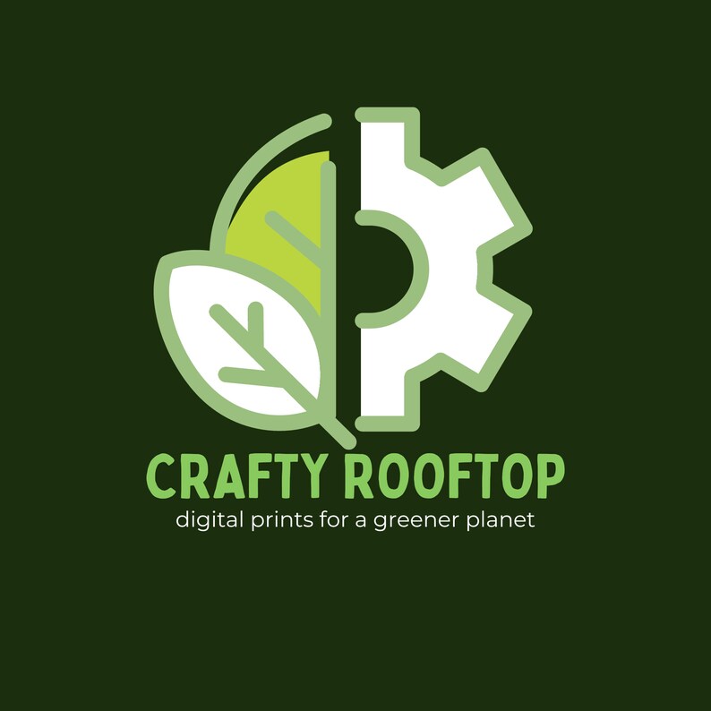 May include: A green leaf and a white gear icon are combined to form a circle. The text "CRAFTY ROOFTOP" is below the circle, and the text "digital prints for a greener planet" is below that.