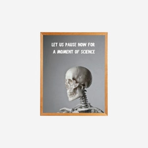 May include: A framed print with a white skeleton head and the text "Let us pause now for a moment of science".