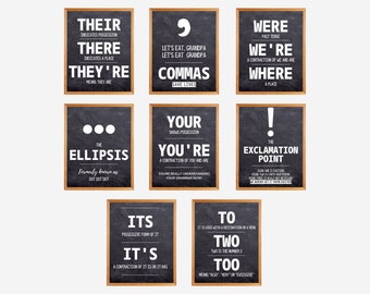 May include: Nine black chalkboard signs with white text explaining the use of common punctuation marks and words. The signs include: "Their", "There", "They're", ",", "Were", "We're", "Where", "...", "Your", "You're", "!", "Its", "It's", "To", "Two", "Too".