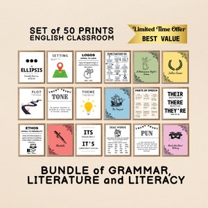 Lot d&#39;affiches d&#39;école, oeuvre d&#39;art pour la classe d&#39;anglais, cadeau pour enseignant, cours de littérature, affiche de grammaire, éléments de roman, appareils littéraires