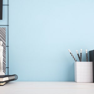 Puede incluir: Un escritorio blanco con un cuaderno de patrones blanco y negro, una planta suculenta en maceta, una figurita blanca y un organizador de rejilla negra con lápices blanco y negro, libros negros y tijeras negras.