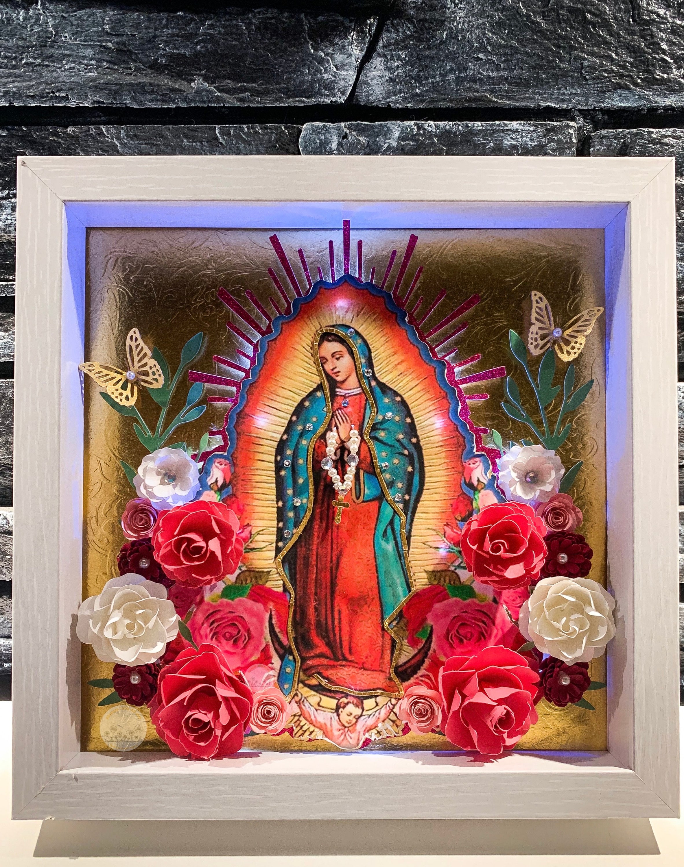 Cuadro Virgen De Guadalupe Replica 42x30 Cm Nogal Rosas