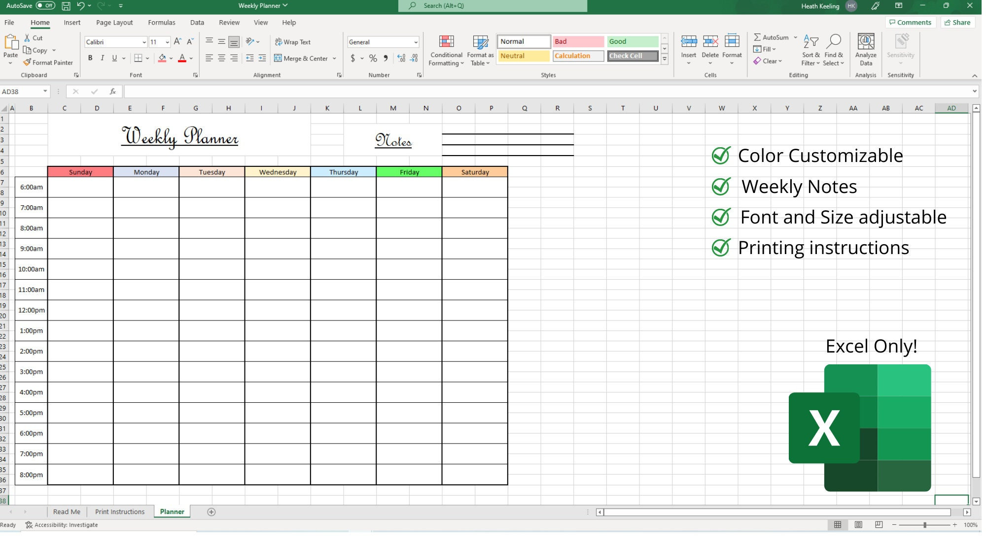 Excel Planner Spreadsheet Modèle téléchargeable Feuille de calcul simple Feuille de calcul imprimable Personnalisable Planificateur hebdomadaire numérique 8.5x11 dans