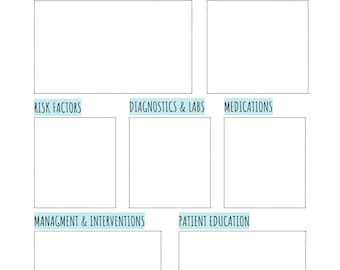 May include: A printable medical chart template with the title "DISEASE" and sections for pathophysiology, signs and symptoms, risk factors, diagnostics and labs, medications, management and interventions, and patient education.