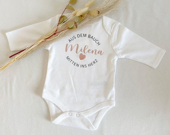 Babybody personalisiert „Aus dem Bauch mitten ins Herz“, Geschenk zur Geburt