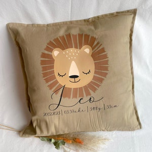 Birth pillow 'Lion' with name, size and weight / pillow cover / pillow case 50 x 50 cm