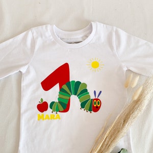 Personalized birthday shirt with name and caterpillar hungry