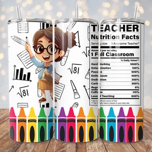 Teacher Appreciation Tumbler, Gift for Teacher, Teacher Appreciation, 20 oz Tumbler, Teacher Nutrition Facts Tumbler, Crayon Tumbler