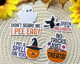 5 Funny Halloween Stickers, Halloween Stickers, Spooky Season, Funny Halloween Quotes, Cute Ghost, Sticker Pack, Water Bottle Sticker