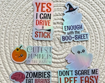 5 Funny Halloween Holographic Stickers, Halloween Sticker, Spooky Season, Funny Halloween Quotes, Cute Ghost Stickers, Water Bottle Sticker