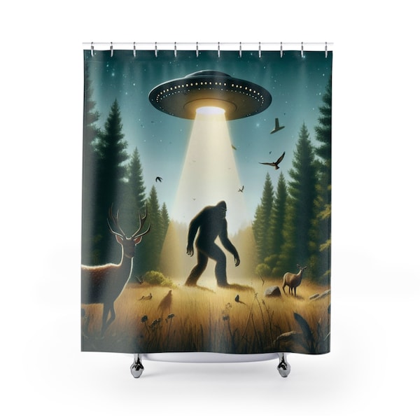 Bigfoot and UFO Shower Curtain, Sasquatch Shower Curtain, Bigfoot Shower Curtain, Paranormal Gift, UFO Gift, Bigfoot Gift