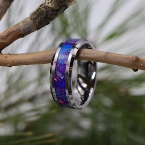 Handmade Crystal Mountain Tungsten Ring: Pearl White & Blue Opal Inlay, Size 11