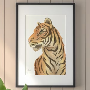 Stampa artistica da parete con tigre ad acquerello – Illustrazione di animali della giungla dipinta a mano – Stampa artistica di fauna selvatica audace – Decorazione safari moderna