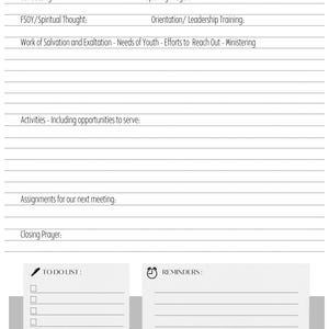 May include: A white and black Ward Youth Council meeting agenda template. The top of the page has the title "WARD YOUTH COUNCIL" and a space for the date. The agenda includes sections for conducting, opening prayer, and other meeting topics. There are also sections for a to-do list and reminders.