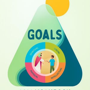 May include: A workbook cover with the word "GOALS" in teal letters. A circular diagram is divided into four sections: Spiritual, Social, Intellectual, and Physical. The illustration shows two figures shaking hands. The text "2026 WORKBOOK" is at the bottom.