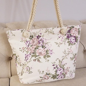 Weiße Blumen Canvas Einkaufstasche mit Reißverschluss - Große Schultertasche, Krankenschwester Tote, Handtasche, faltbare Einkaufstasche - Geburtstagsgeschenk