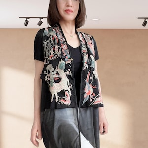 Hand Embroidered Waistcoat - Black Vest - Floral Birds Pattern - Casual Spring Summer fashion -Perfect Gift For Her