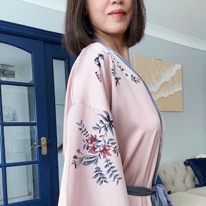 Pink Floral Silk Robe: Long Kimono Style Lounge Gown