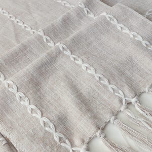 Beige Grey Linen Table Runner, Rustic Farmhouse fringed Dining Decor