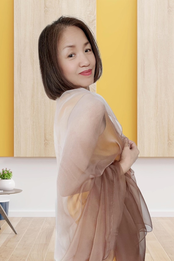 Ombre Silk Chiffon Scarf, Cream Mocha Oversized Wrap (51x71 inchs)