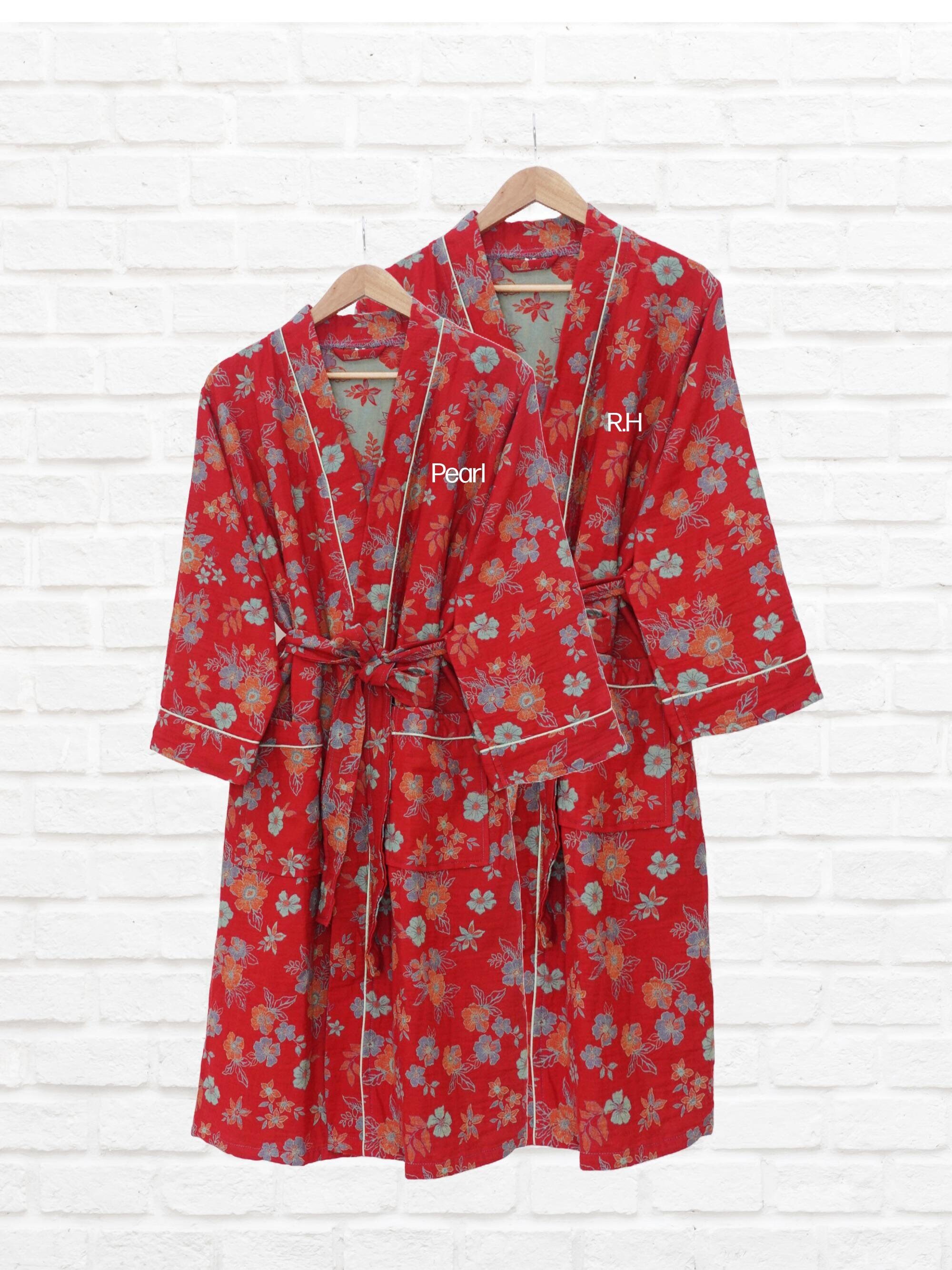 Personalized Red Floral Robe - Cotton Bathrobe - Kimono - Dressing Gown - Wedding Gift