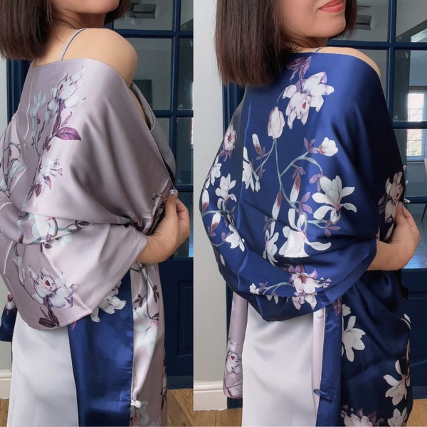 Reversible Mulberry Silk Wrap Shawl Navy Lavender, Print Evening Shawl  Women, Bridal Bridesmaid Cover up