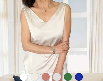 Débardeur en soie blanche, caraco pour femme, t-shirt minimaliste de couleur unie, vêtements d'été.