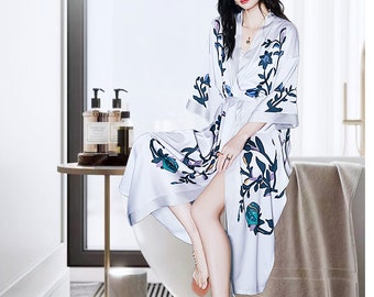Pure Silk Dressing Gown Kimono Robe Long Floral, Silk Kaftan, Bride Bridesmaid Pjs Gift, White/Pink