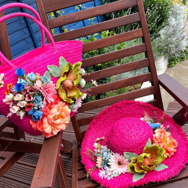 Roze bloemen strand bruiloft stro Tote hoed set, ideale bruid & bruidsmeisje cadeau, bruids douche, gele, oranje, blauwe accessoires