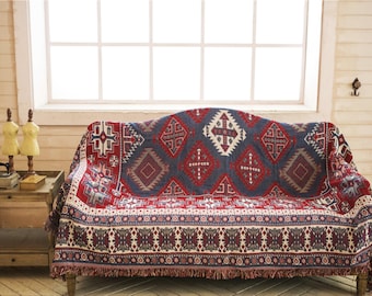 230x250 Woven Reversible Sofa Throw Blanket - Red Geometric Bedspread - Home Gift