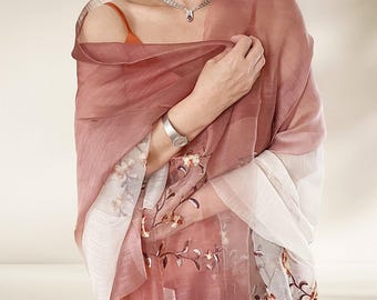 Ombre Embroidered Floral Silk Scarf Shawl- Oversized Wedding Wrap Sheer