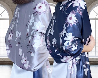 Mulberry Silk Shawl Wrap – Reversible Floral Poncho, Navy & Lavender, Birthday Gift