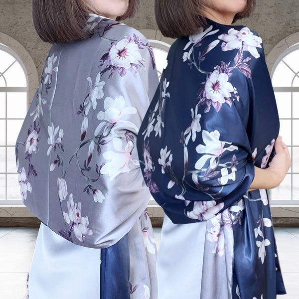 Mulberry Silk Shawl Wrap – Reversible Floral Poncho, Navy & Lavender, Birthday Gift
