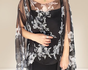 Black Floral Silk Sheer Poncho Top - Hand Painted Chiffon Shawl Capelet