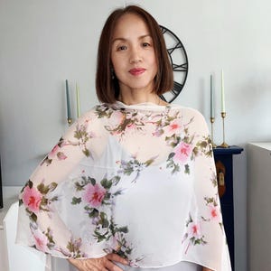 Camellia Silk Chiffon Scarf: Sheer Floral Shawl, Bridal Wrap