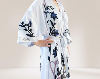 White Floral Silk Dressing Gown - Full Length Kimono Robe - Personalized Gift
