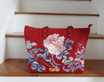 Red Canvas Embroidered Tote Bag, Floral Handbag - Birthday Gift For Her