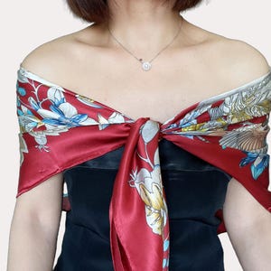 Red Mulberry Silk Square Scarf - Floral Silk Head Scarf Bandana- 110x110cm - Gift Wrapped