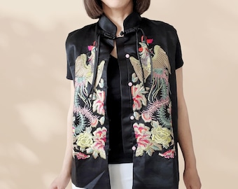 Black Chinese Embroidered Silk Vest For Women, Oriental Waistcoat