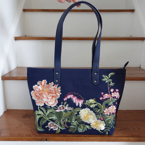 Sac fourre-tout brodé en toile Sac à bandoulière pour femme, Sac à main de grande capacité, Sac week-end de voyage, Blanc, bleu, rouge, noir, Denim, Cadeaux pour nouvelle maman