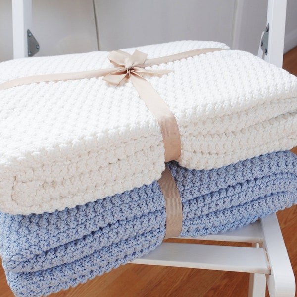 White Knitted Throw Blanket, Cotton Quilt, Perfect Baby Shower Gift, 51*67 in