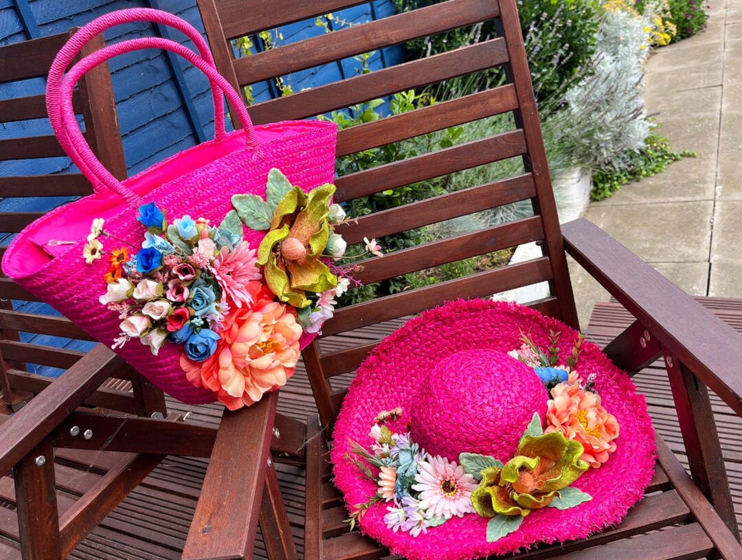 Floral Raffia Straw Hat and Tote Bag Set – Handmade Beach  display picture 1