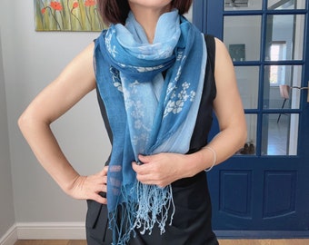 Hand-Dyed Indigo Batik Scarf Shawl with Fringe - Ombre Style, Unique Oriental Charm, Perfect Gift for Her