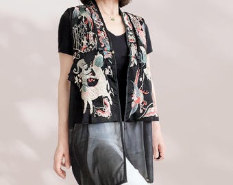 Chinese Embroidered Layered Long Vest Ethnic Black Waistcoat