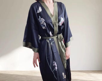 Black Floral Silk Kimono Robe – Full Length Dressing Gown- Luxury Loungewear
