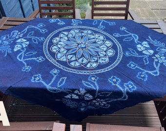 Square Indigo Tie Dye Tablecloth, Table Cover Hand Dye, Blue White, Wall Hanging Tapestry,110x110cm