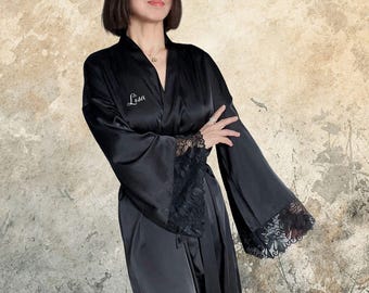 Full Length Lace Satin Robe: Bridal Kimono Dressing Gown, Long Sleeves Robe, Gift Ready